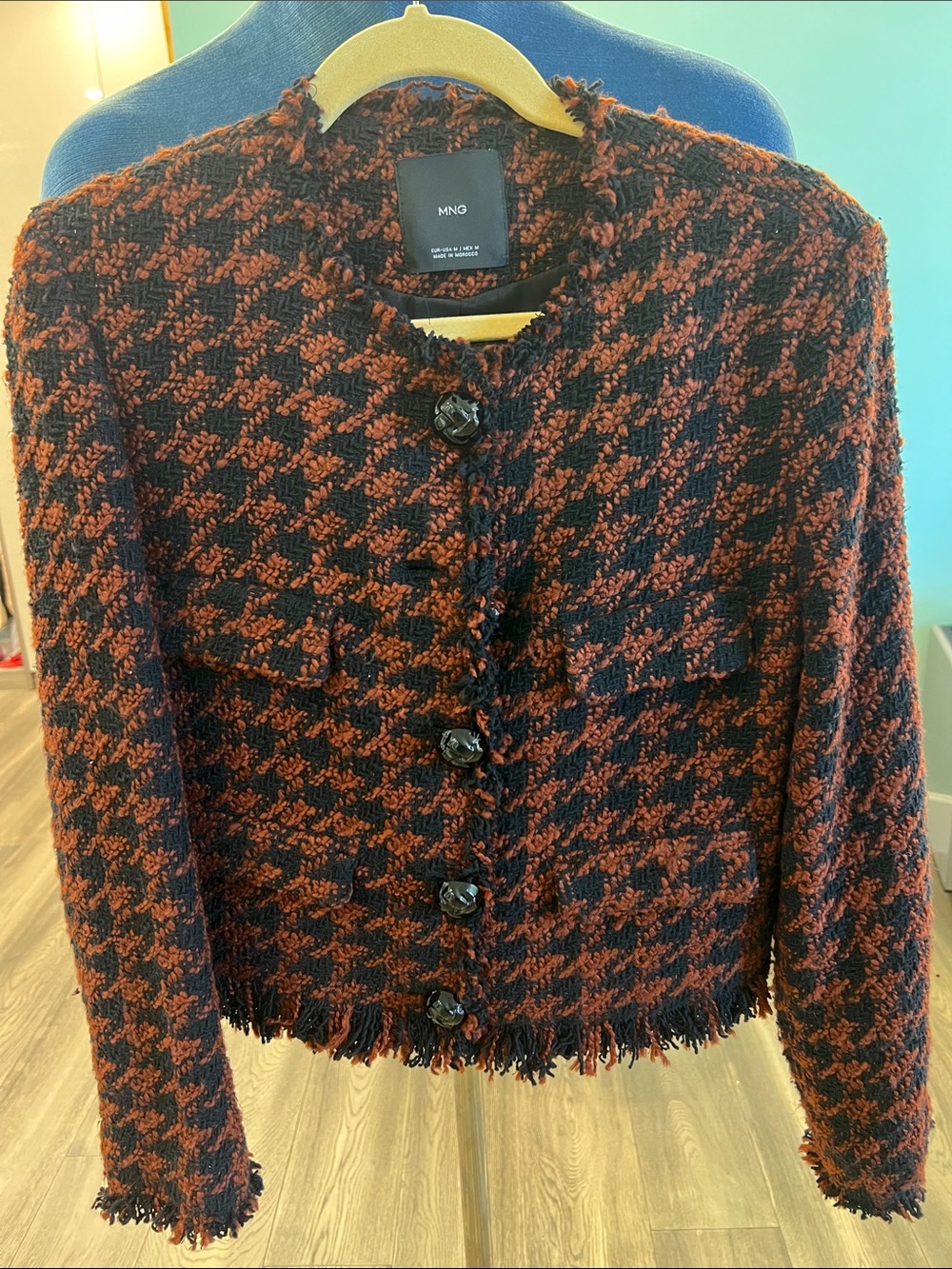 Mango Black & Rust Houndstooth Bouclé Blazer